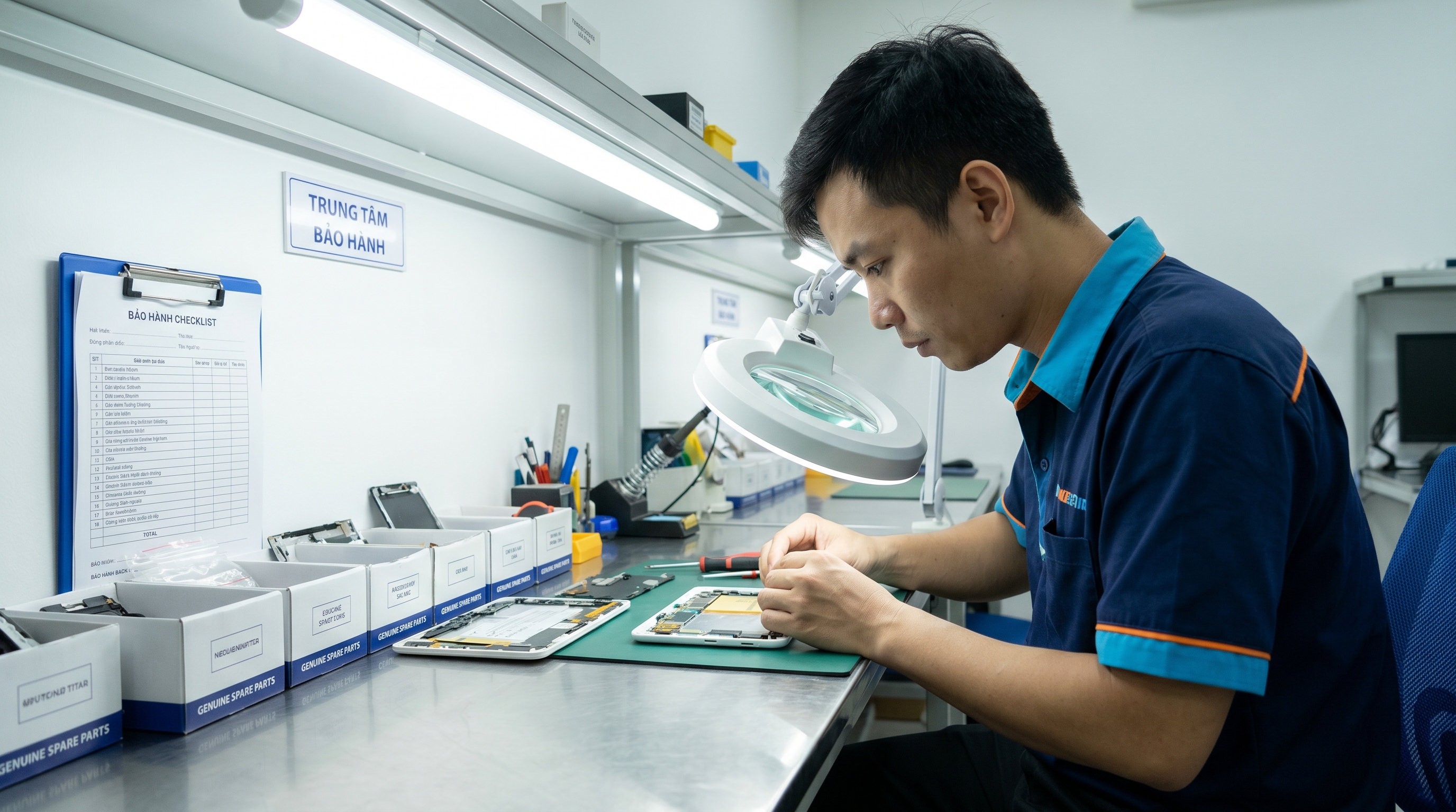 Kỹ thuật viên INOLINK kiểm tra và sửa chữa thiết bị bảo hành bằng linh kiện chính hãng tại bàn kỹ thuật