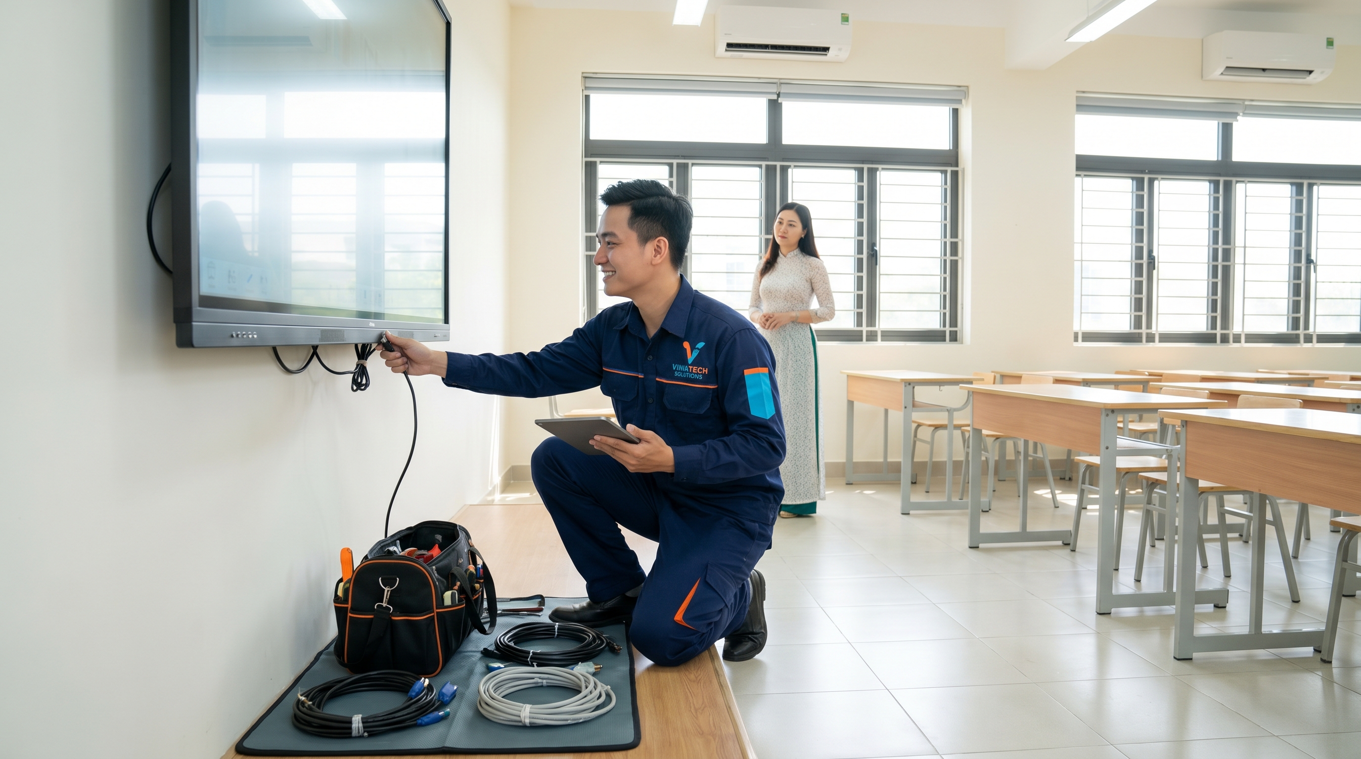 Kỹ thuật viên INOLINK lắp đặt và kiểm tra màn hình tương tác thiết bị công nghệ giáo dục trong phòng học