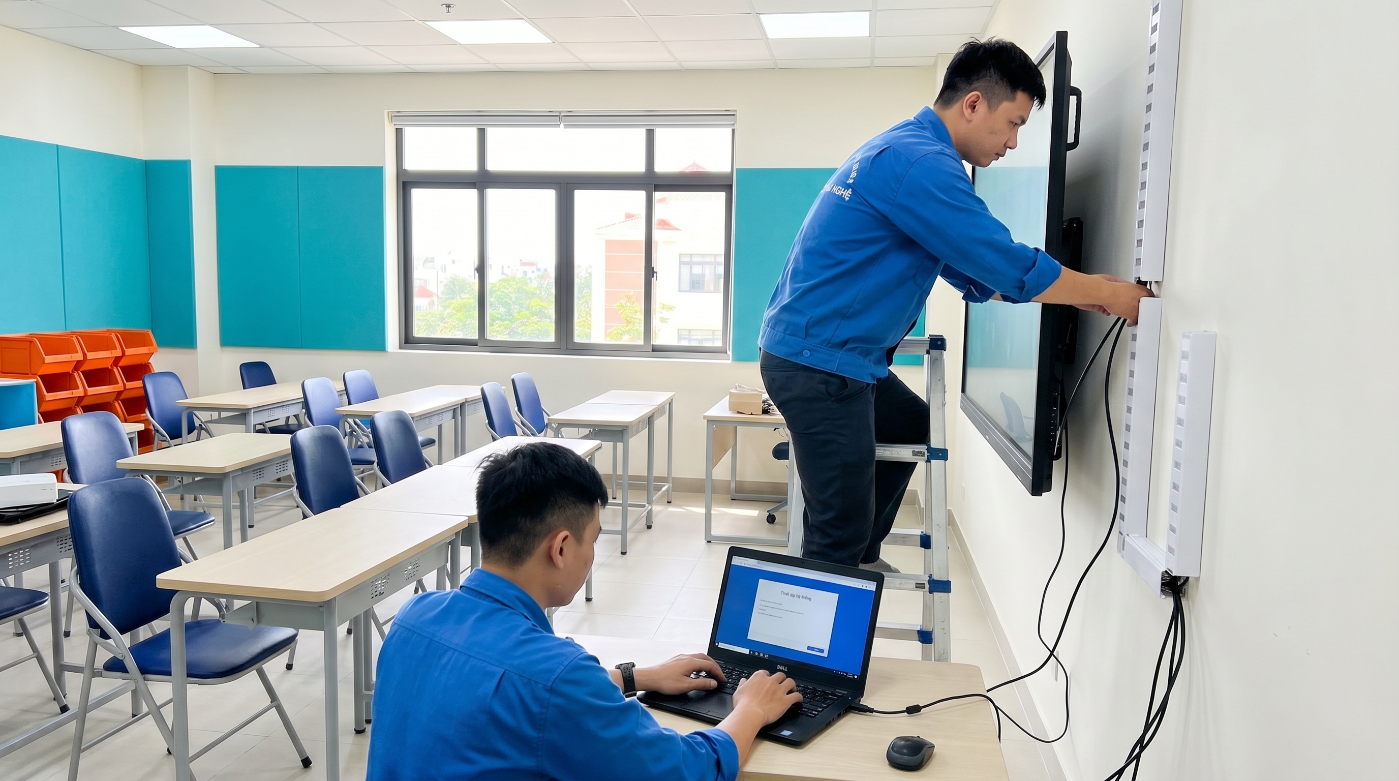Kỹ thuật viên INOLINK lắp đặt và đi dây màn hình tương tác trong phòng học mới