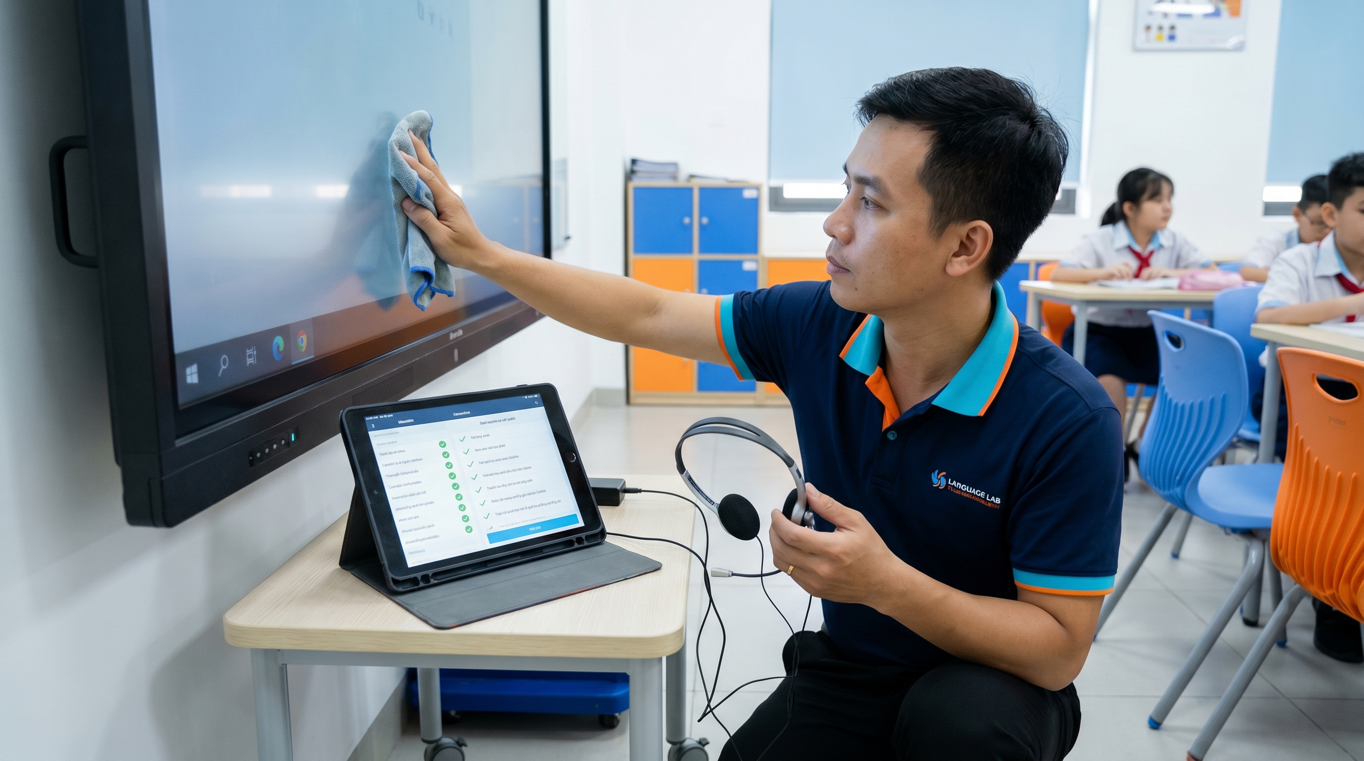 Kỹ thuật viên INOLINK bảo trì định kỳ kiểm tra vệ sinh thiết bị nghe nhìn phòng học