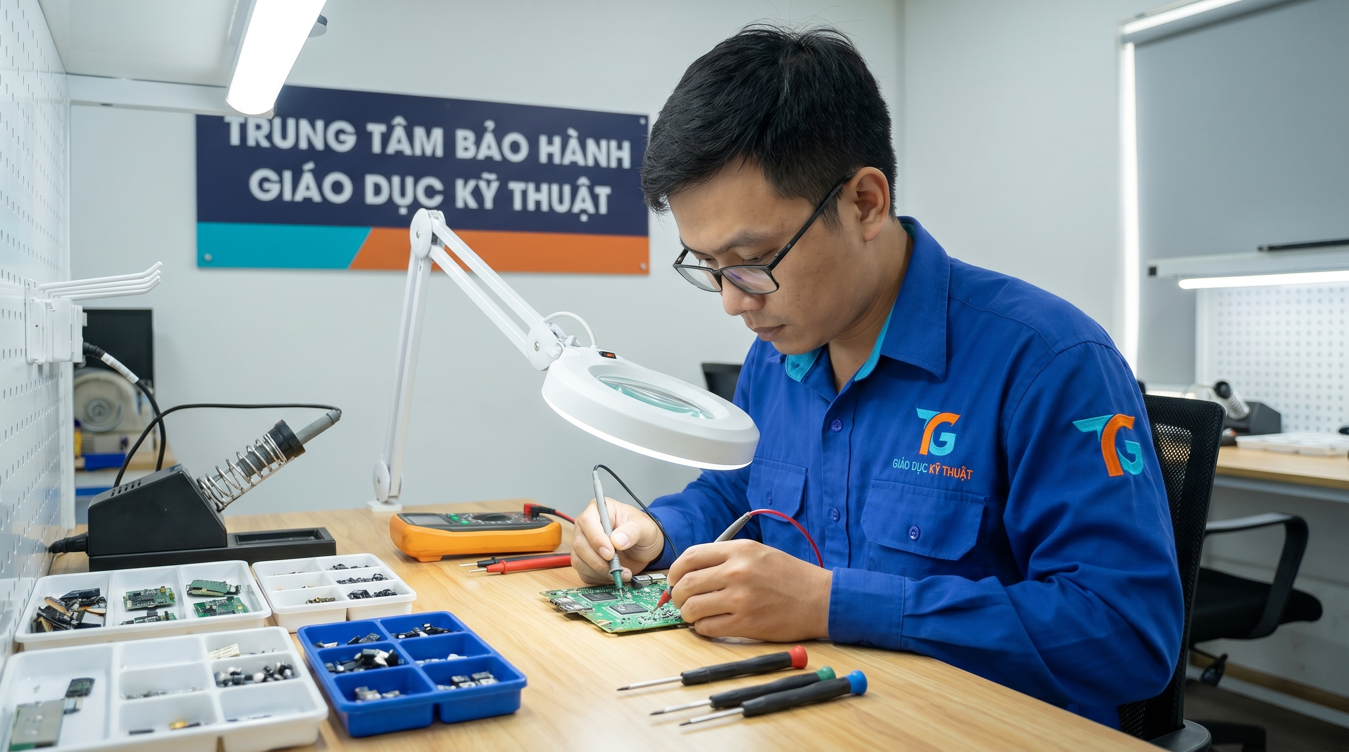 Kỹ thuật viên INOLINK sửa chữa thiết bị giáo dục bằng linh kiện chính hãng tại bàn kỹ thuật
