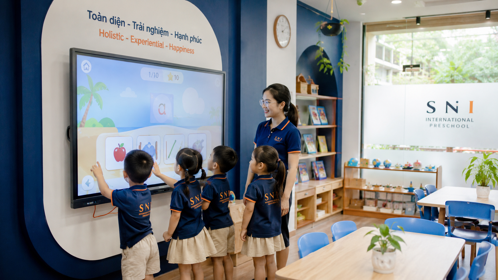 Phòng học thông minh mầm non với màn hình tương tác và trẻ đang học mà chơi