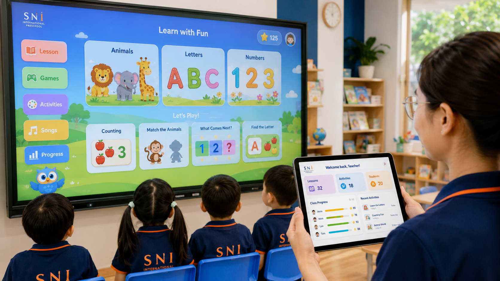 Phần mềm và kho học liệu số mầm non hiển thị trên màn hình tương tác với hình ảnh động và trò chơi