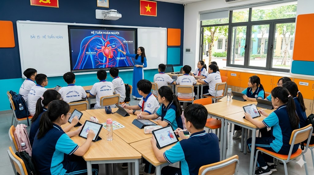 Phòng học thông minh THCS với màn hình tương tác mô phỏng thí nghiệm và học sinh dùng máy tính bảng