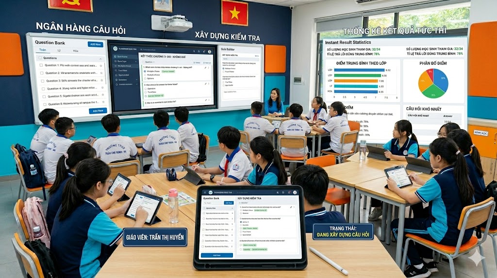 Phần mềm tạo đề và kiểm tra trắc nghiệm THCS với ngân hàng câu hỏi, chấm tự động và thống kê kết quả