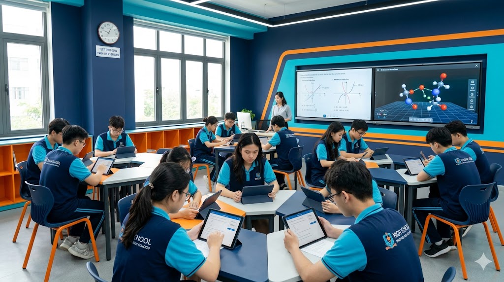 Phòng học thông minh THPT với màn hình tương tác và học sinh làm đề thi thử trên máy tính bảng