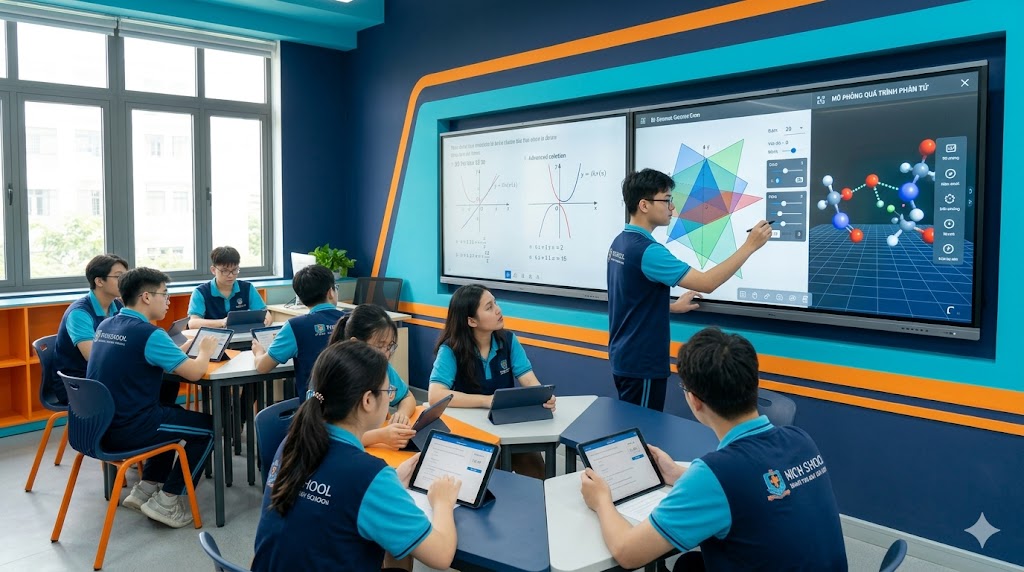Màn hình tương tác THPT trực quan hóa đồ thị hàm số, hình không gian và mô phỏng quá trình khoa học nâng cao