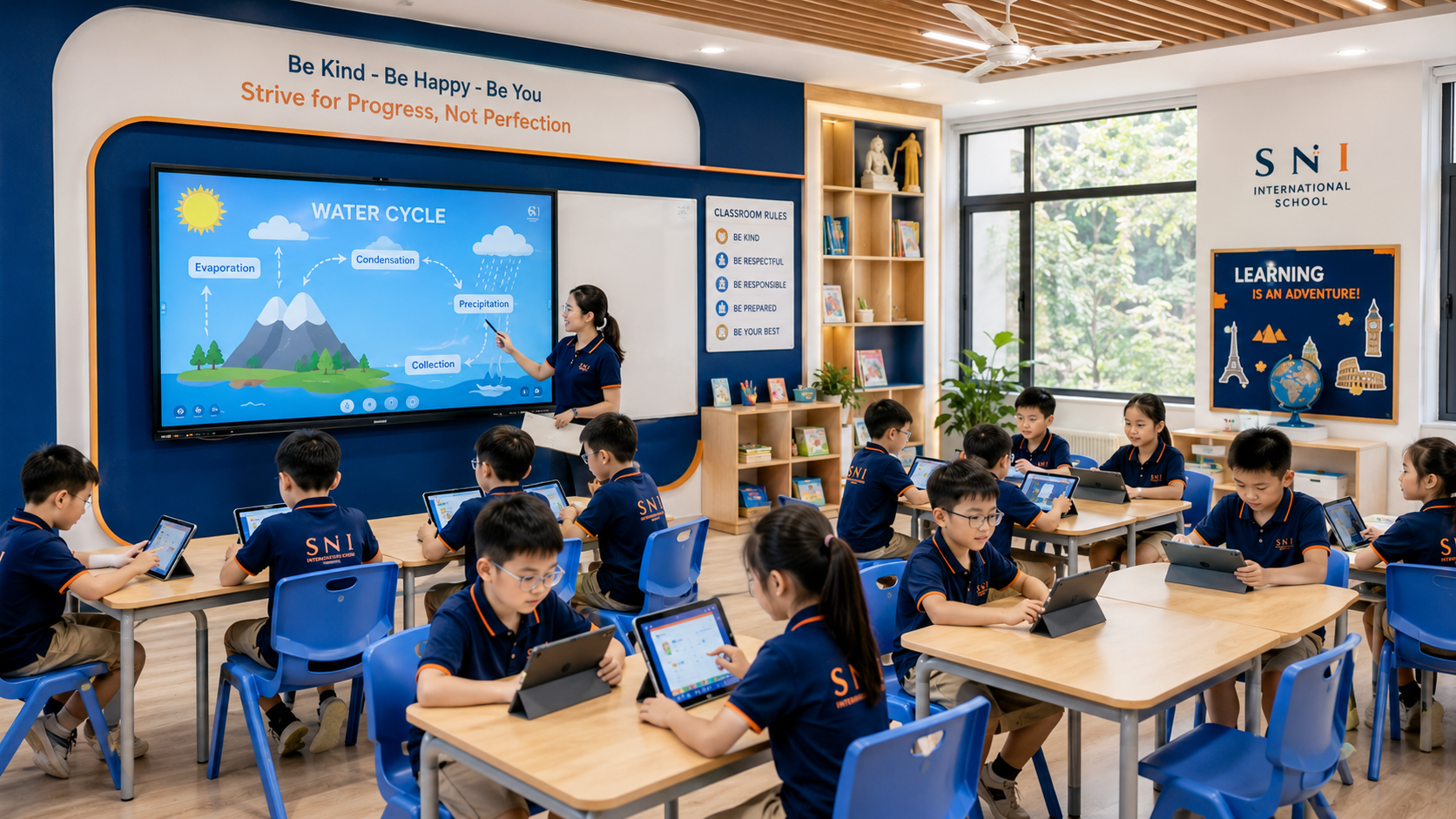 Phòng học thông minh tiểu học với màn hình tương tác và học sinh dùng máy tính bảng