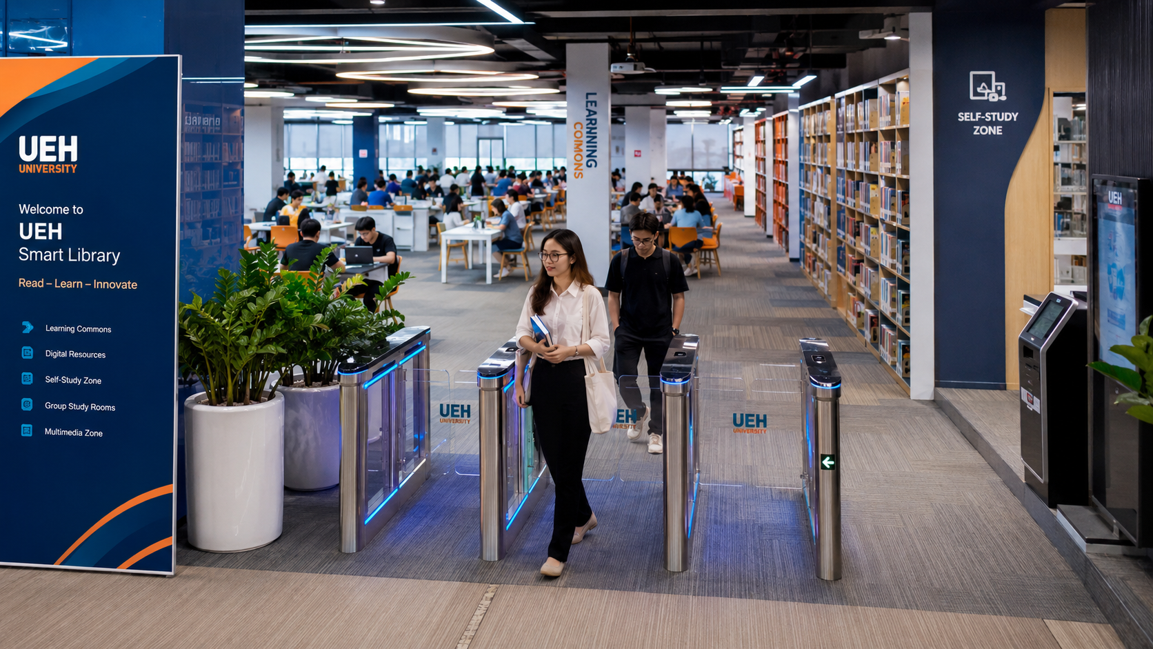 Thư viện thông minh đại học hiện đại với learning commons, khu tự học và cổng an ninh RFID