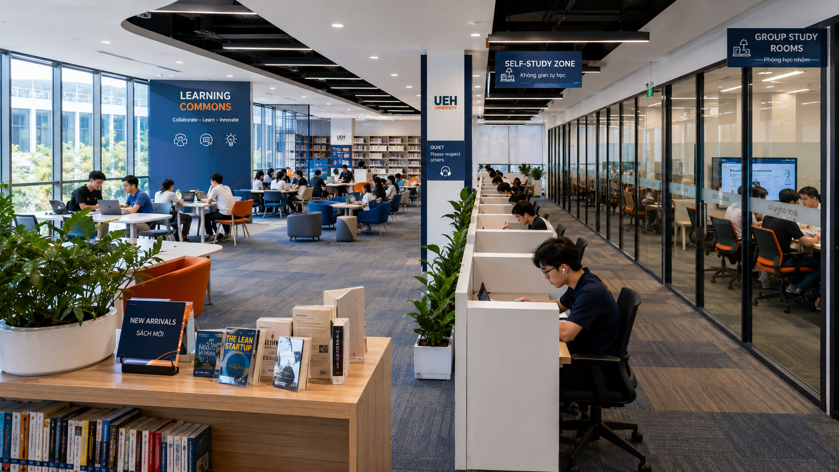 Không gian thư viện đại học với learning commons, khu tự học yên tĩnh, bàn carrel và phòng học nhóm thảo luận