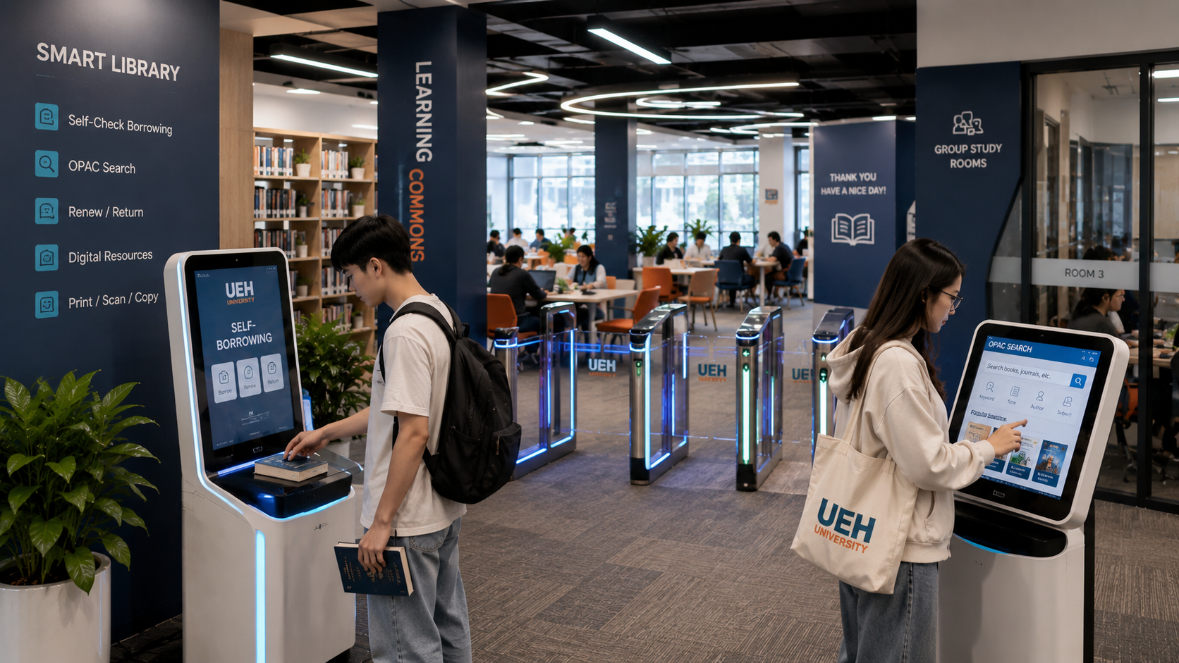 Sinh viên tự mượn trả gia hạn sách tại trạm RFID và tra cứu OPAC qua kiosk trong thư viện đại học