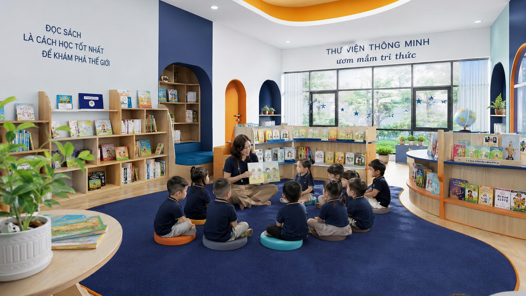 Thư viện thông minh mầm non với kệ sách thấp, góc đọc trải thảm và trẻ nghe cô kể chuyện