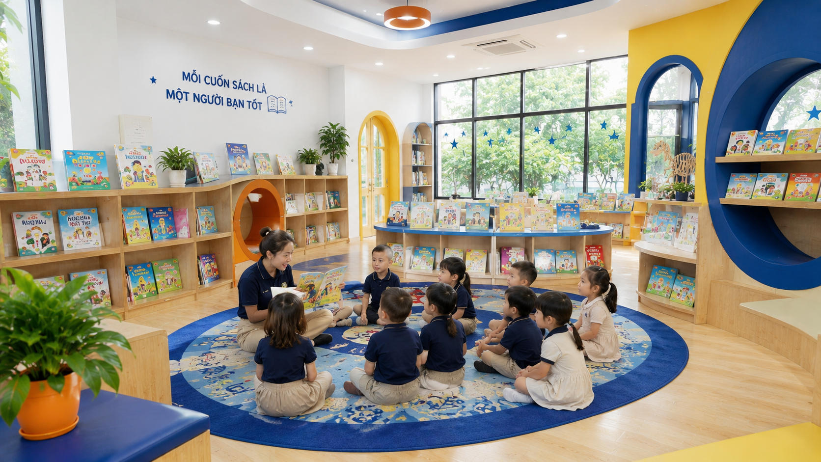 Không gian thư viện mầm non màu sắc tươi sáng với kệ sách thấp vừa tầm và góc đọc trải thảm êm ái