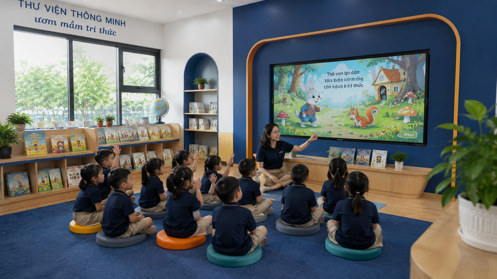 Khu nghe nhìn thư viện mầm non với màn hình chiếu sách tranh động và trẻ tham gia hoạt động đọc tương tác