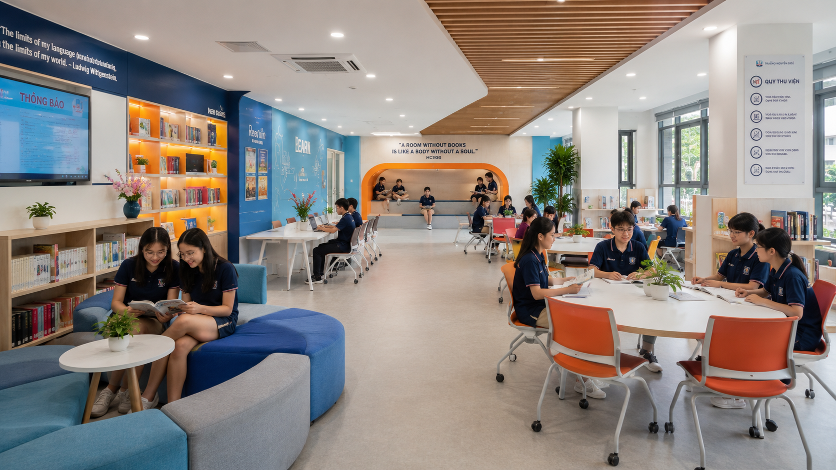 Thư viện thông minh THCS như trung tâm học tập đa năng với khu đọc, tự học và nghiên cứu nhóm