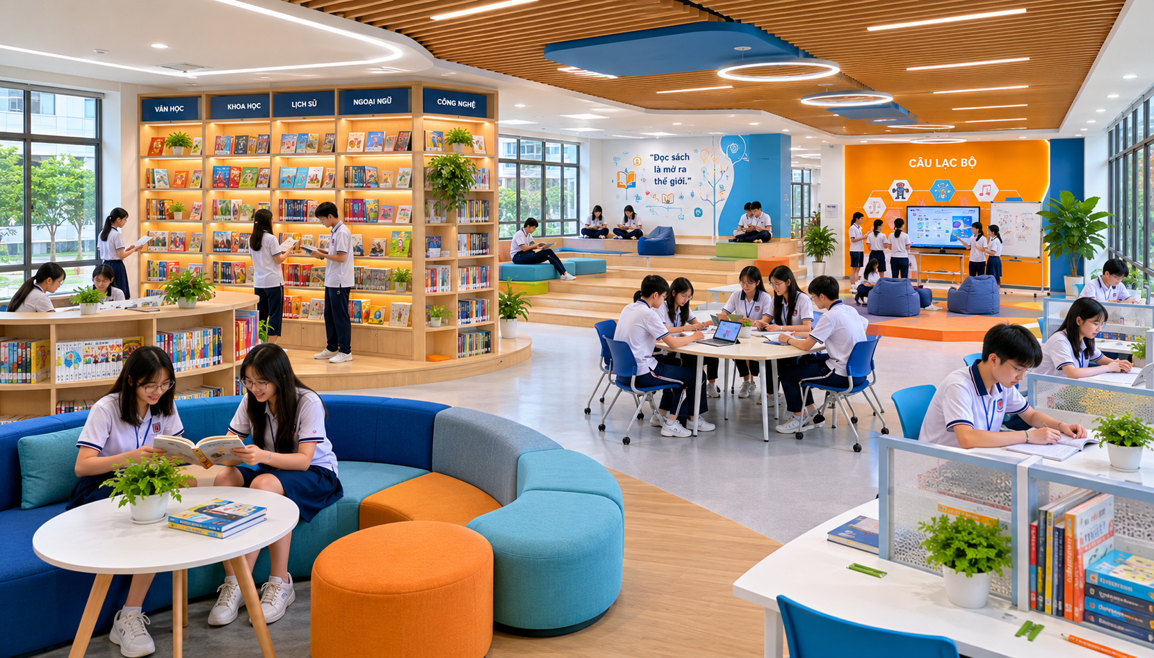 Không gian thư viện THCS đa năng với khu kệ sách, khu tự học yên tĩnh, khu nghiên cứu học nhóm và khu sinh hoạt
