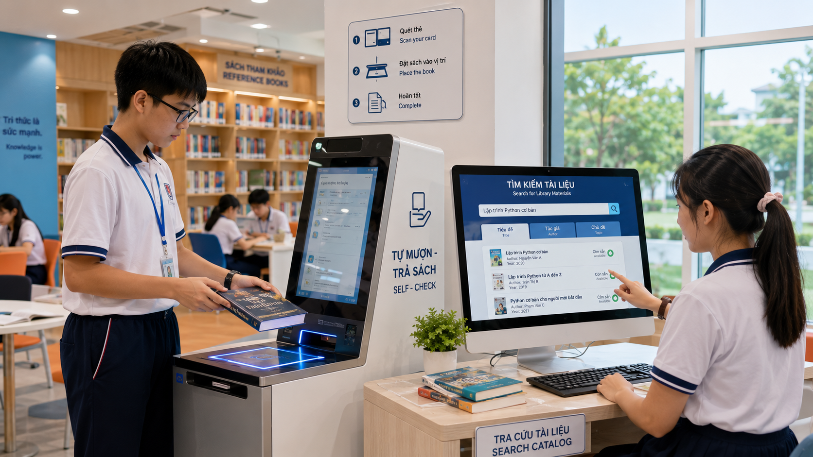 Học sinh THCS tự mượn trả sách tại trạm tự phục vụ và dùng máy tính kiosk tra cứu tìm tài liệu nghiên cứu