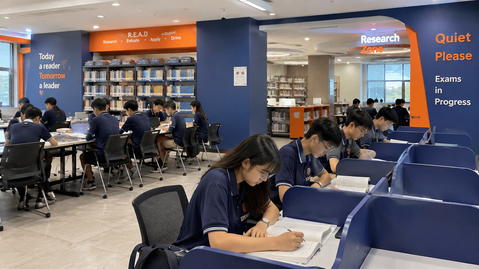 Thư viện thông minh THPT với khu tự học yên tĩnh phục vụ ôn thi và khu nghiên cứu tra cứu tài liệu