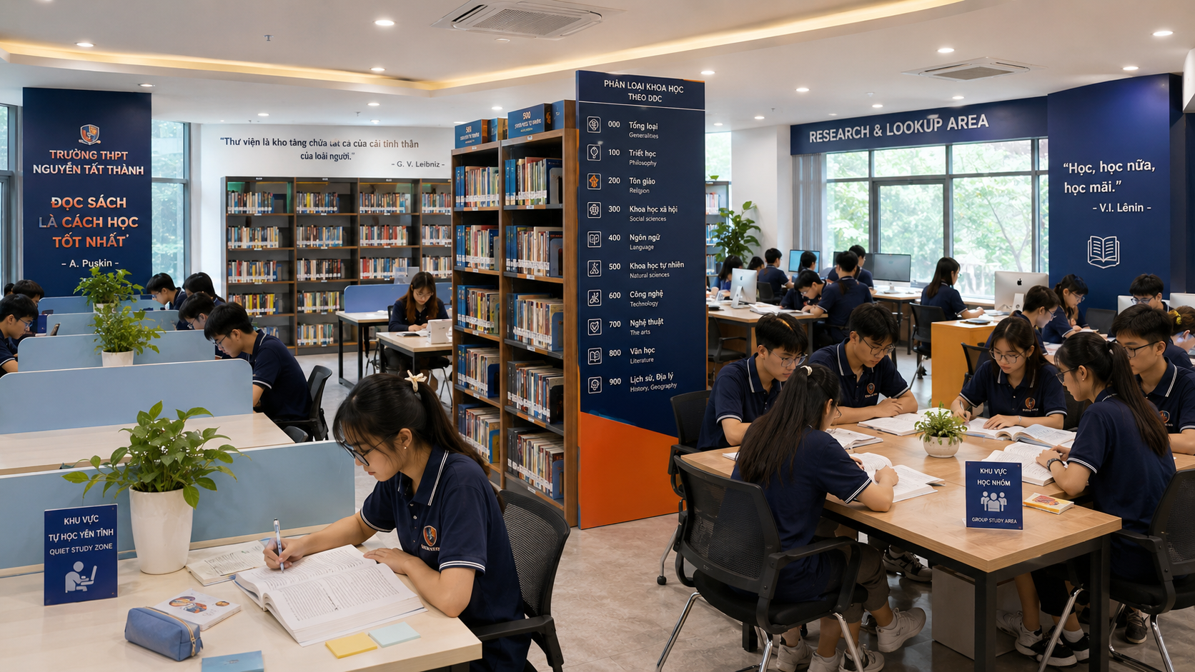Không gian thư viện THPT với khu tự học yên tĩnh ôn thi, khu nghiên cứu tra cứu, khu học nhóm và kệ sách phân loại