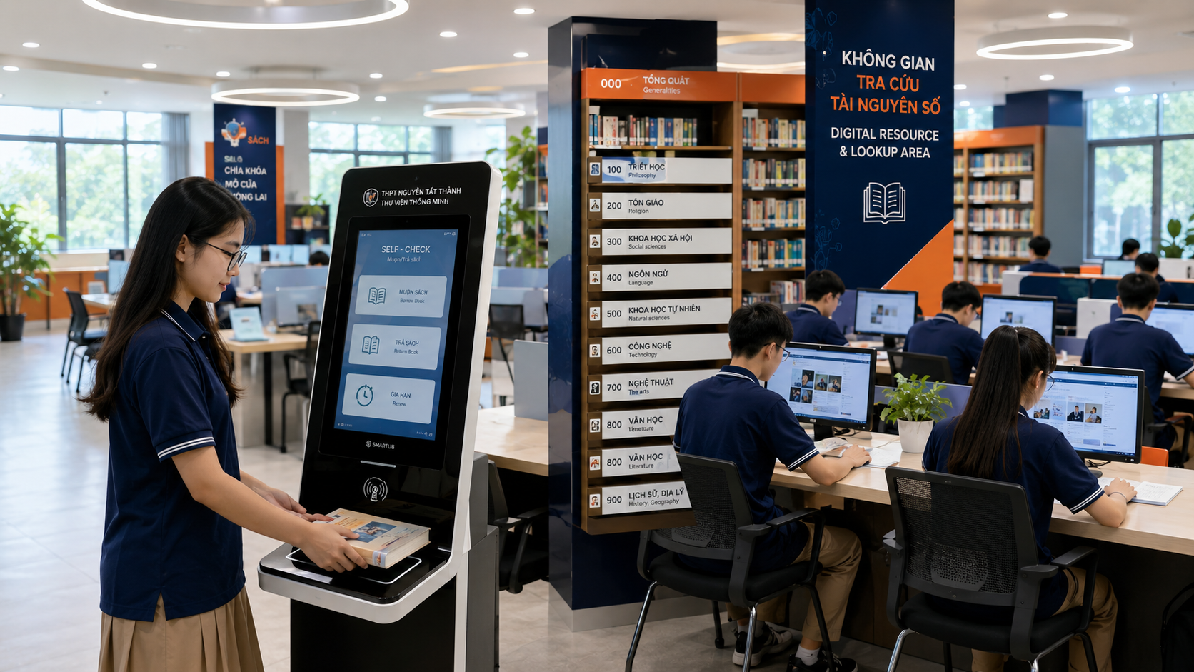 Học sinh THPT tự mượn trả sách tại trạm tự phục vụ và dùng máy tính tra cứu truy cập kho tài liệu số học liệu trực tuyến