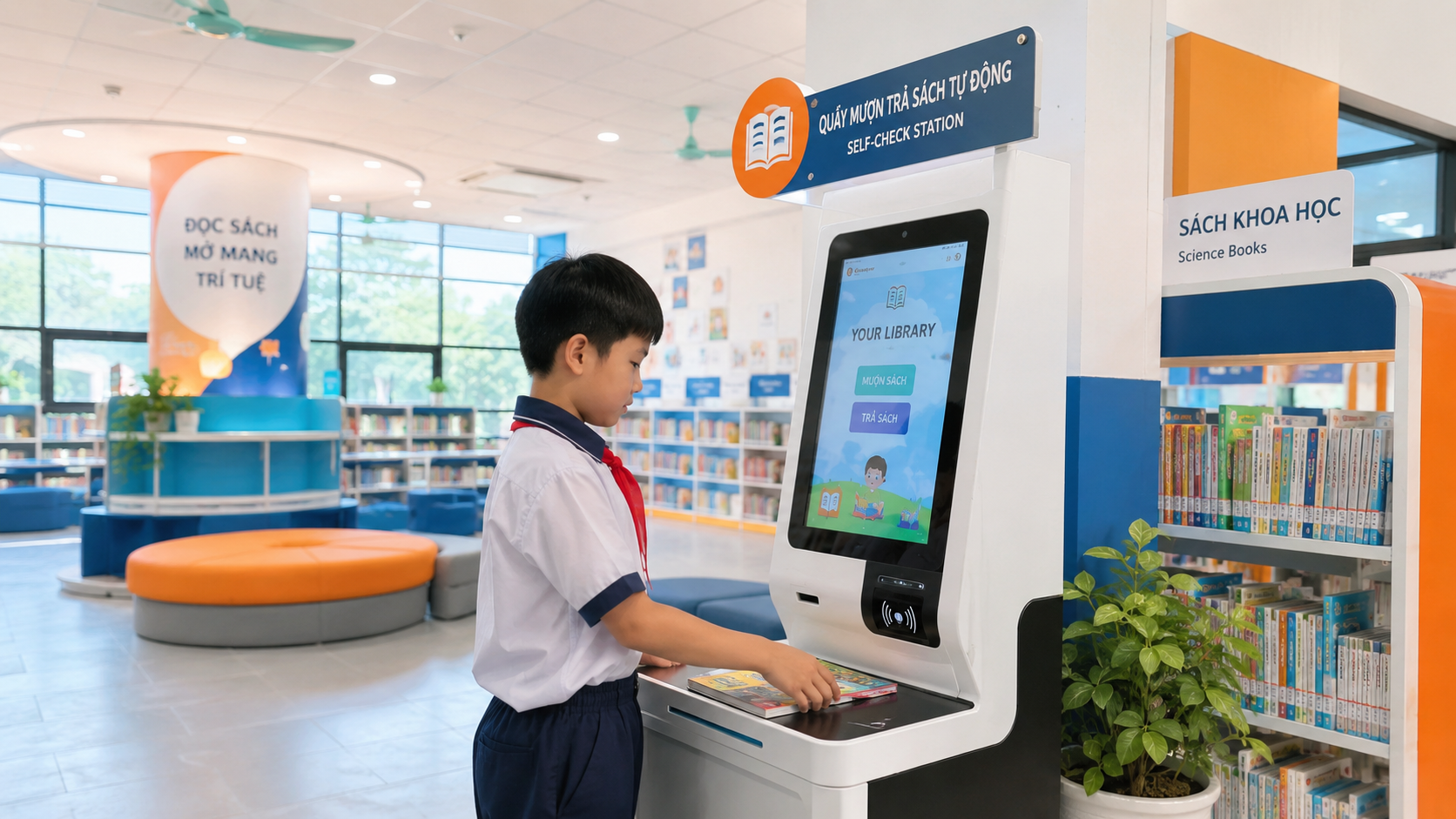Thư viện thông minh tiểu học với học sinh tự mượn trả sách tại trạm tự phục vụ và khu đọc hiện đại