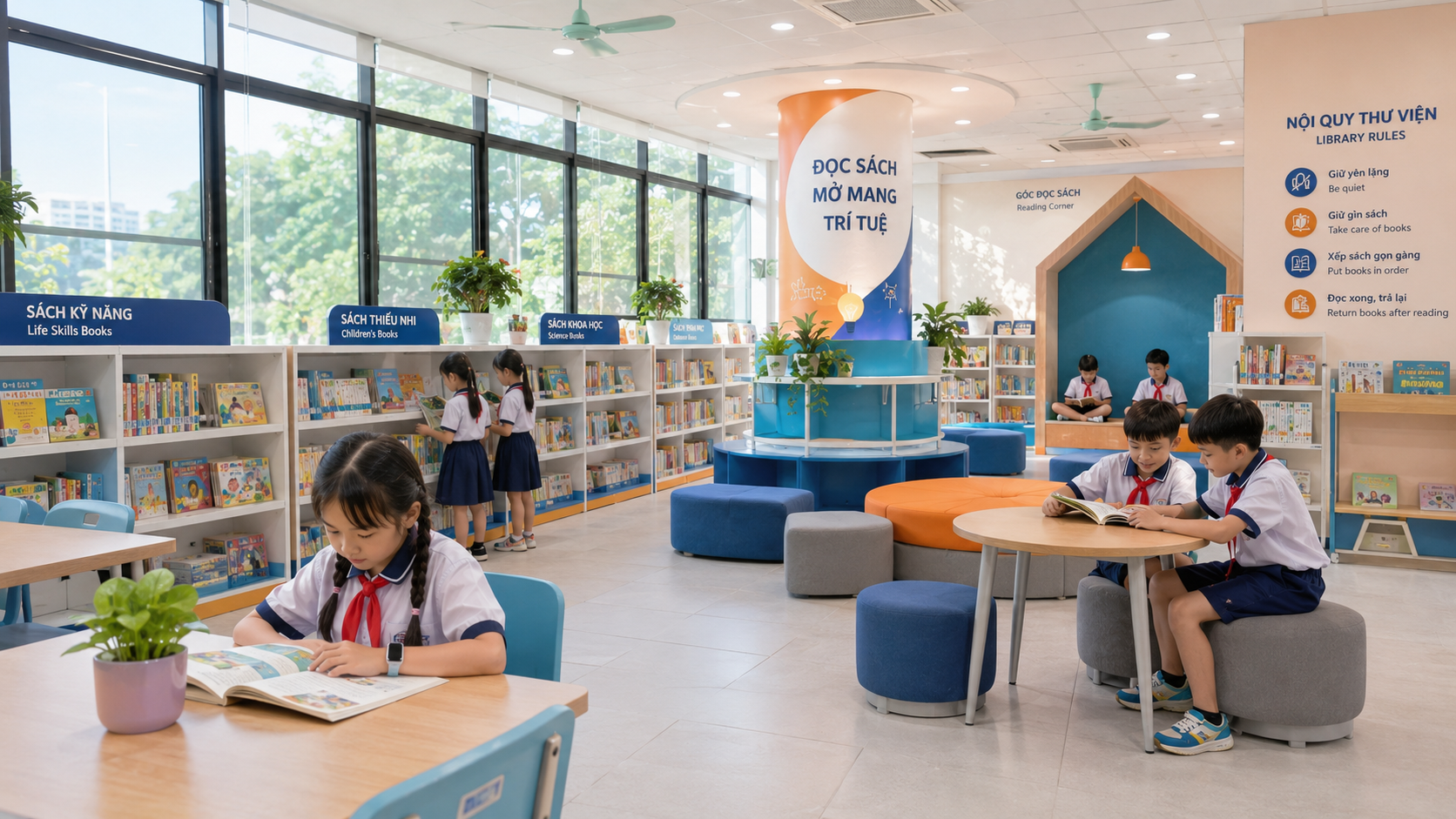 Không gian thư viện tiểu học với khu kệ sách phân loại, khu đọc cá nhân yên tĩnh và khu đọc nhóm
