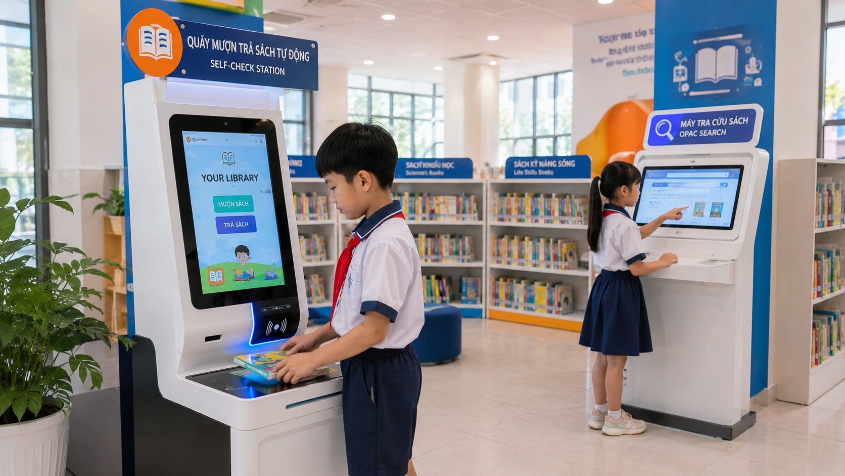 Học sinh tiểu học tự mượn trả sách tại trạm tự phục vụ gắn thẻ và dùng kiosk tra cứu tìm sách