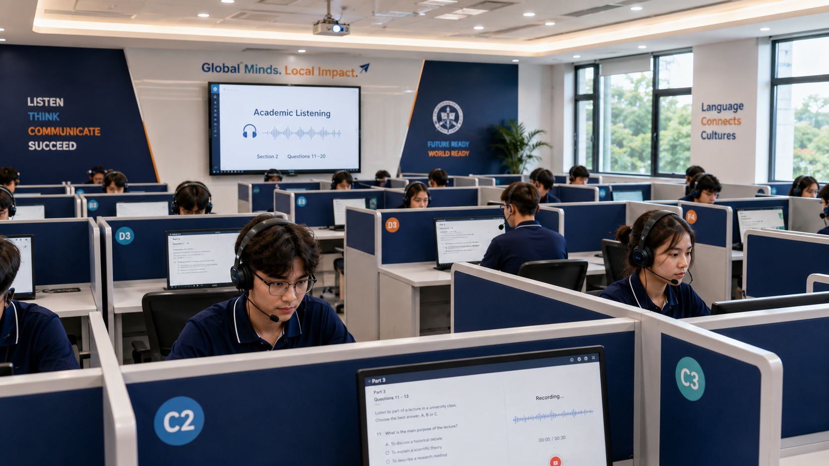 Lab ngoại ngữ thông minh đại học với dãy bàn carrel có vách ngăn, sinh viên đeo tai nghe có micro luyện và thi trên máy