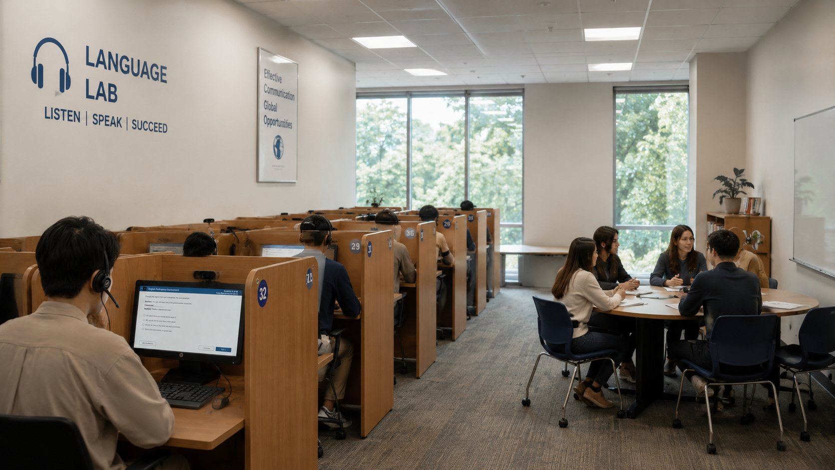 Nội thất lab ngoại ngữ đại học với hệ bàn carrel có vách ngăn từng vị trí và khu vực linh hoạt cho thảo luận nhóm