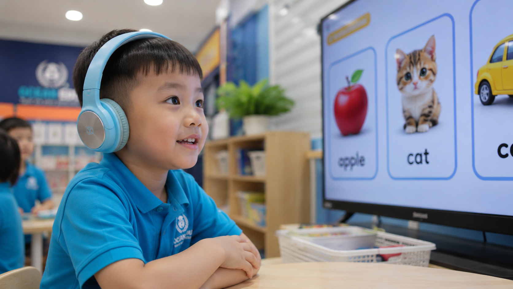 Trẻ mầm non đeo tai nghe êm nhẹ nghe phát âm chuẩn bản ngữ trong giờ tiếng Anh
