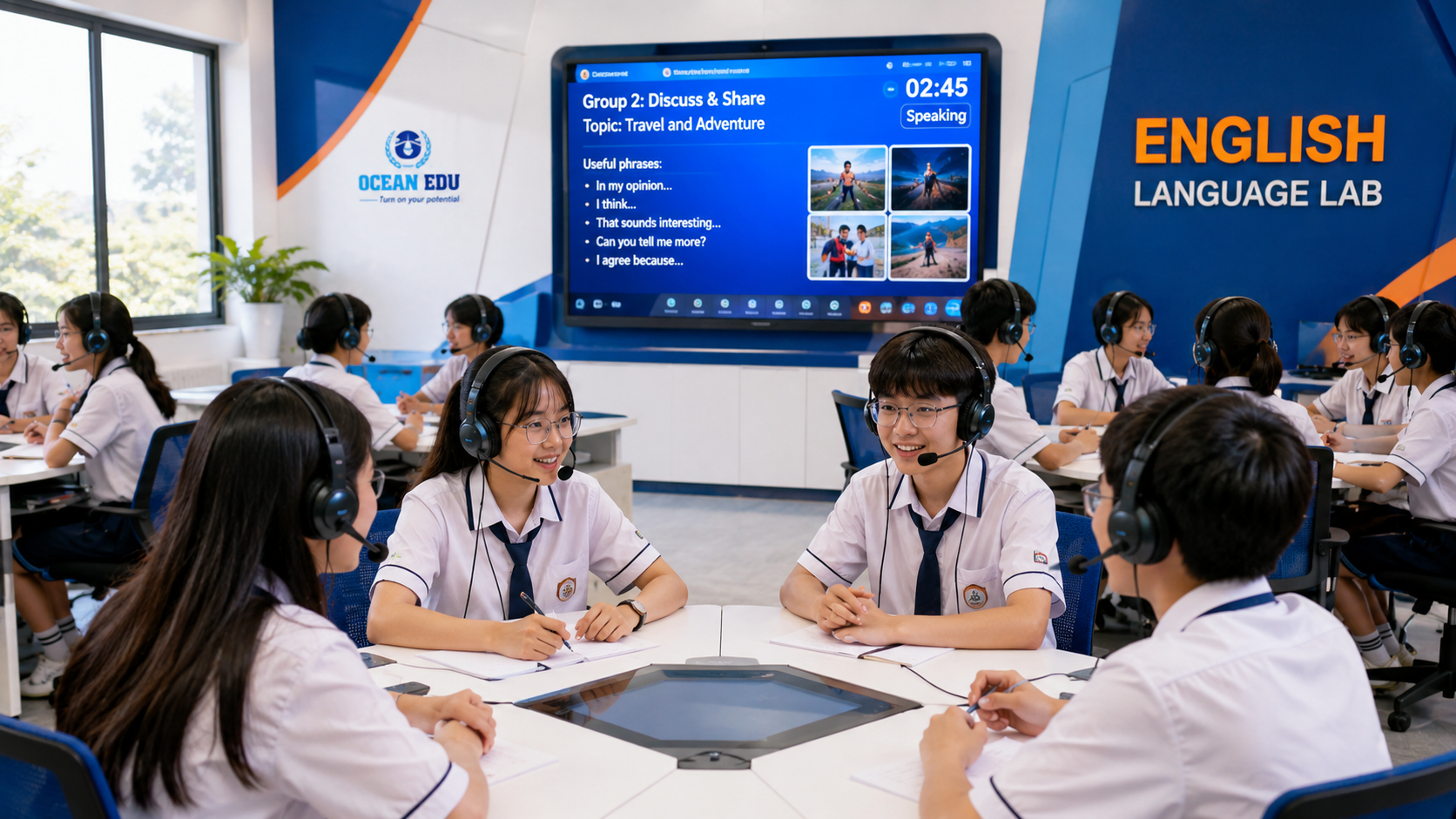 Phòng học ngoại ngữ thông minh THCS với học sinh đeo tai nghe có micro luyện hội thoại theo nhóm