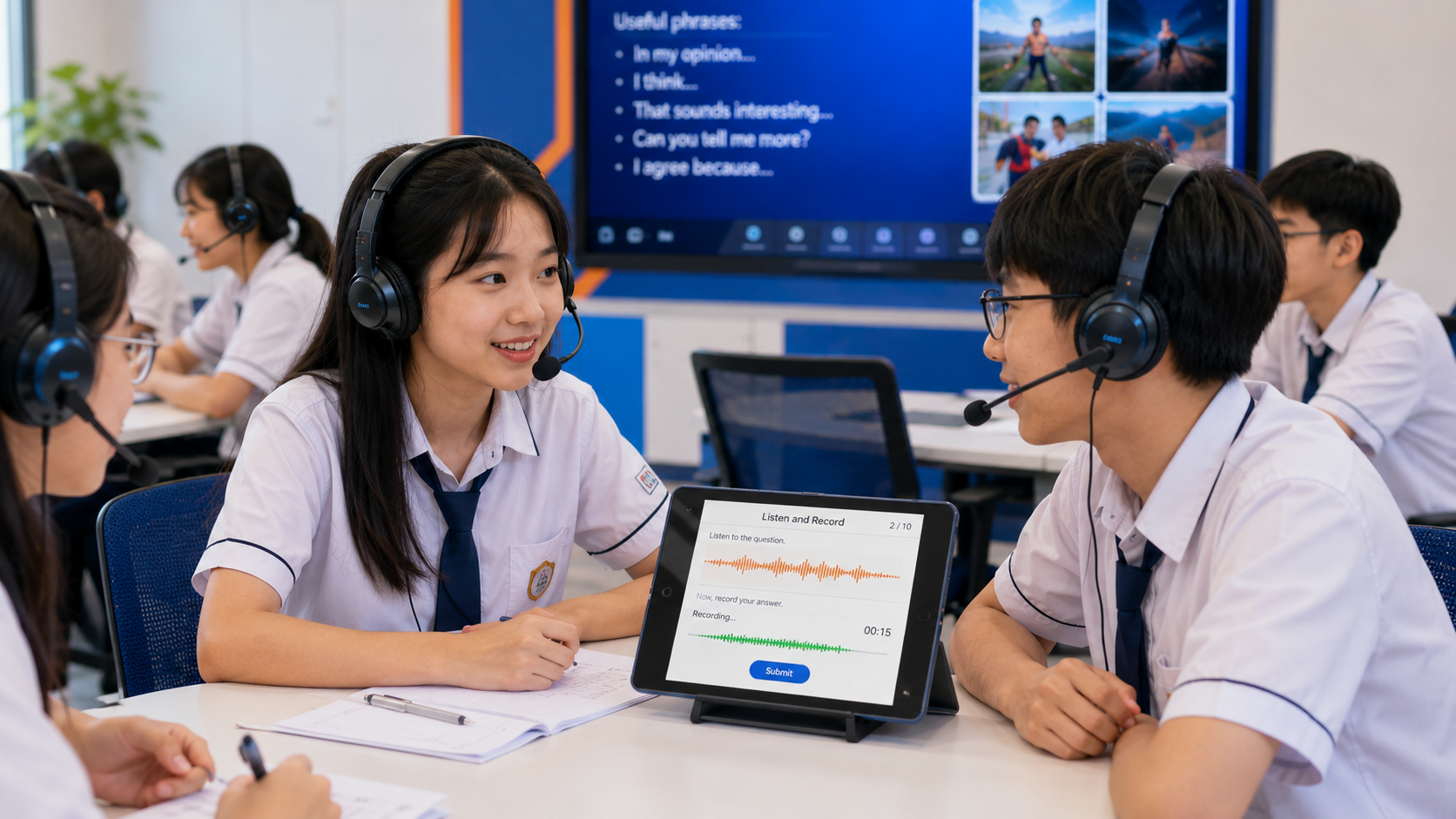 Học sinh THCS đeo tai nghe có micro hội thoại cặp nhóm và ghi âm giọng nói tiếng Anh