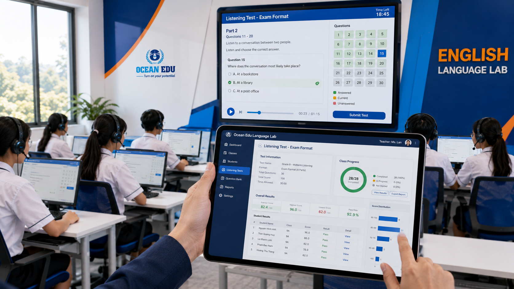 Phần mềm ngoại ngữ THCS với ngân hàng đề và bài kiểm tra nghe theo định dạng bài thi chấm điểm thống kê