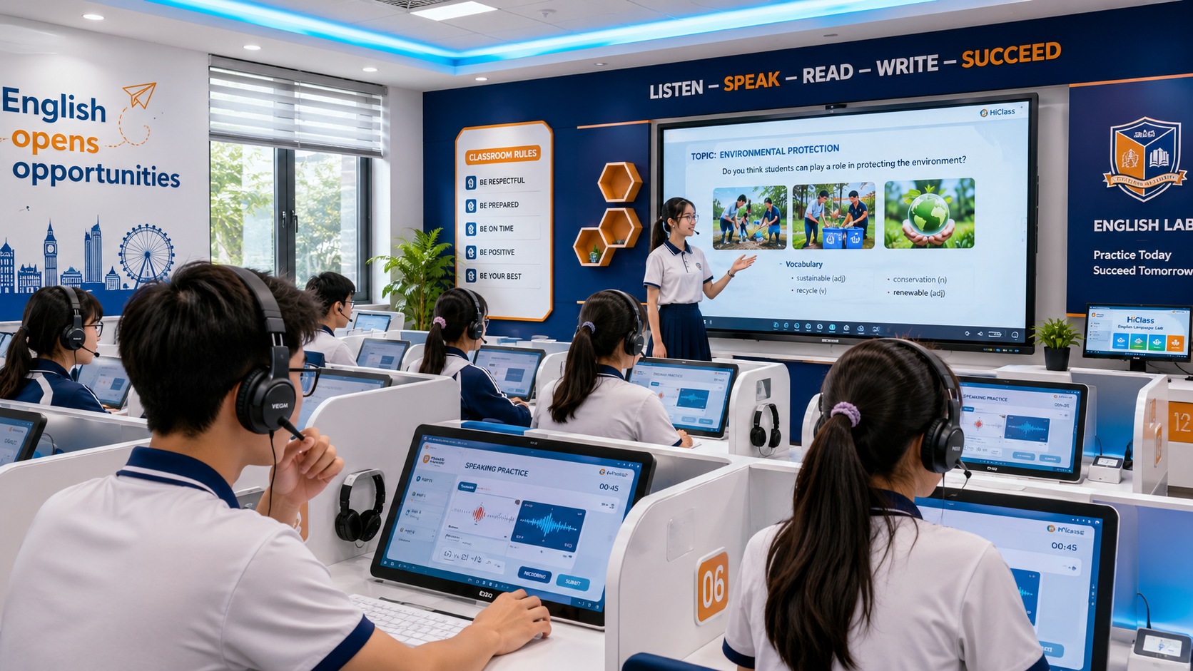 Phòng học ngoại ngữ thông minh THPT với học sinh luyện nói thuyết trình và làm đề thi thử ngoại ngữ