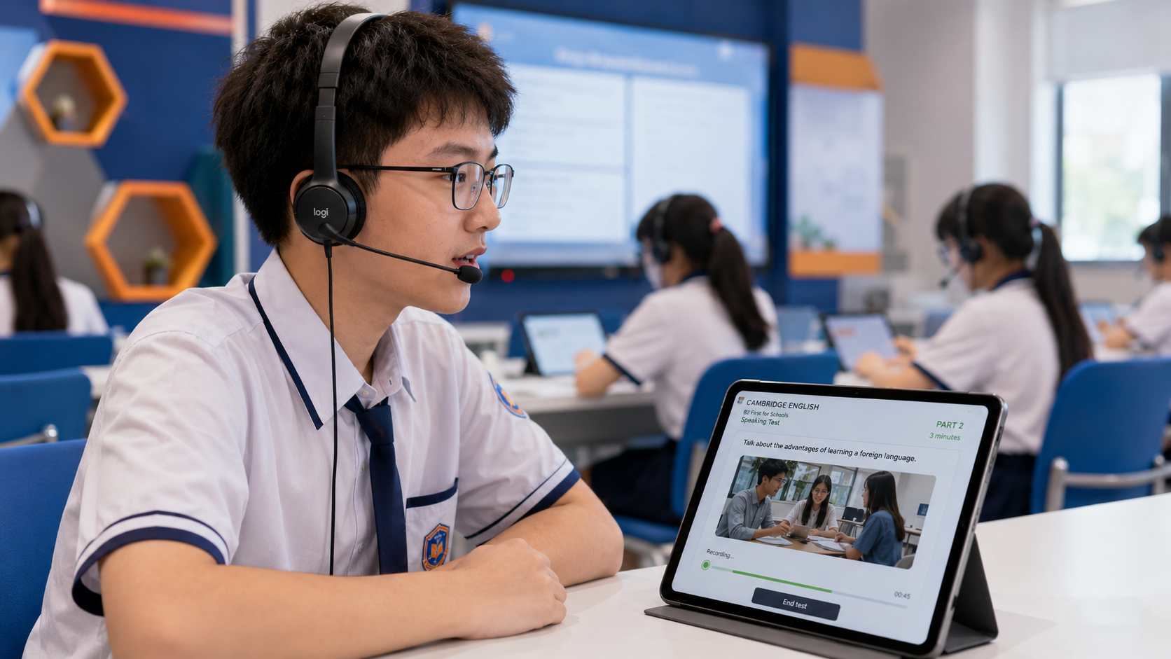 Học sinh THPT đeo tai nghe có micro luyện nói và làm đề thi thử ngoại ngữ theo định dạng chứng chỉ