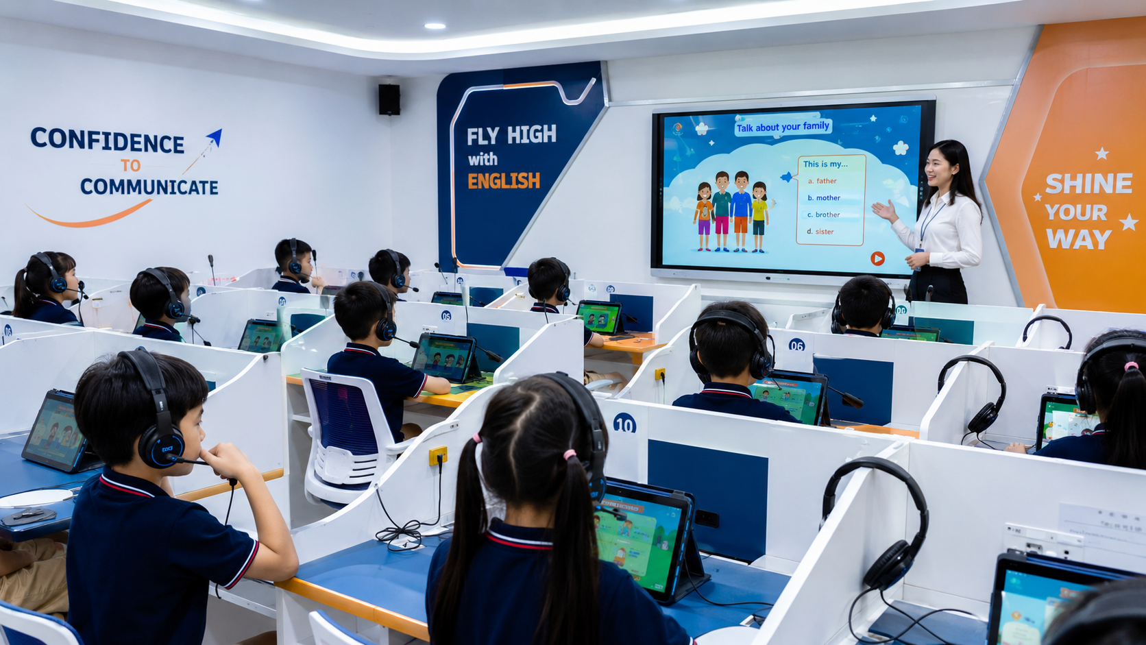 Phòng học ngoại ngữ thông minh tiểu học với học sinh đeo tai nghe có micro luyện nói tiếng Anh