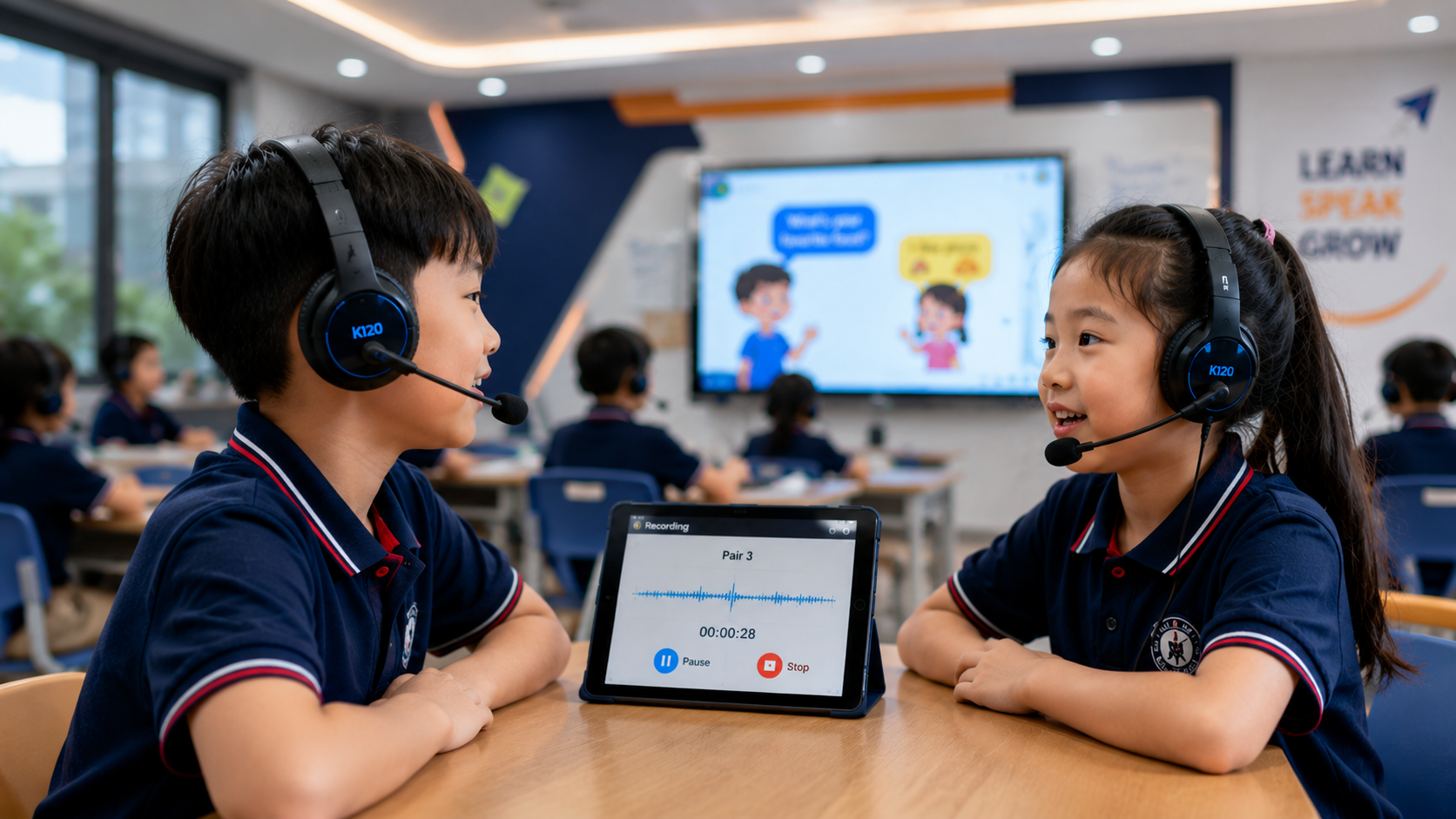 Học sinh tiểu học đeo tai nghe có micro ghép cặp luyện hội thoại tiếng Anh và ghi âm giọng nói