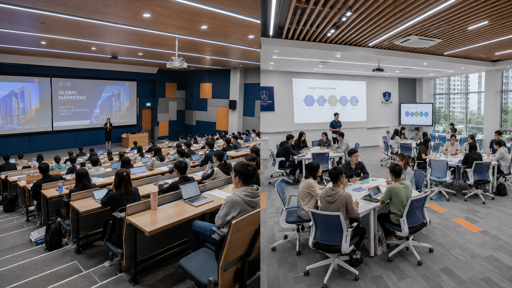 Nội thất giảng đường đại học và phòng học chủ động active learning với bàn ghế module