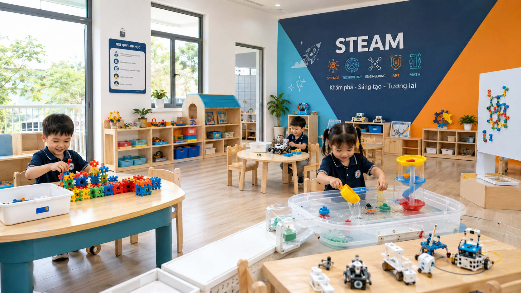 Phòng STEAM mầm non hiện đại với trẻ 3-6 tuổi đang lắp ráp và thí nghiệm