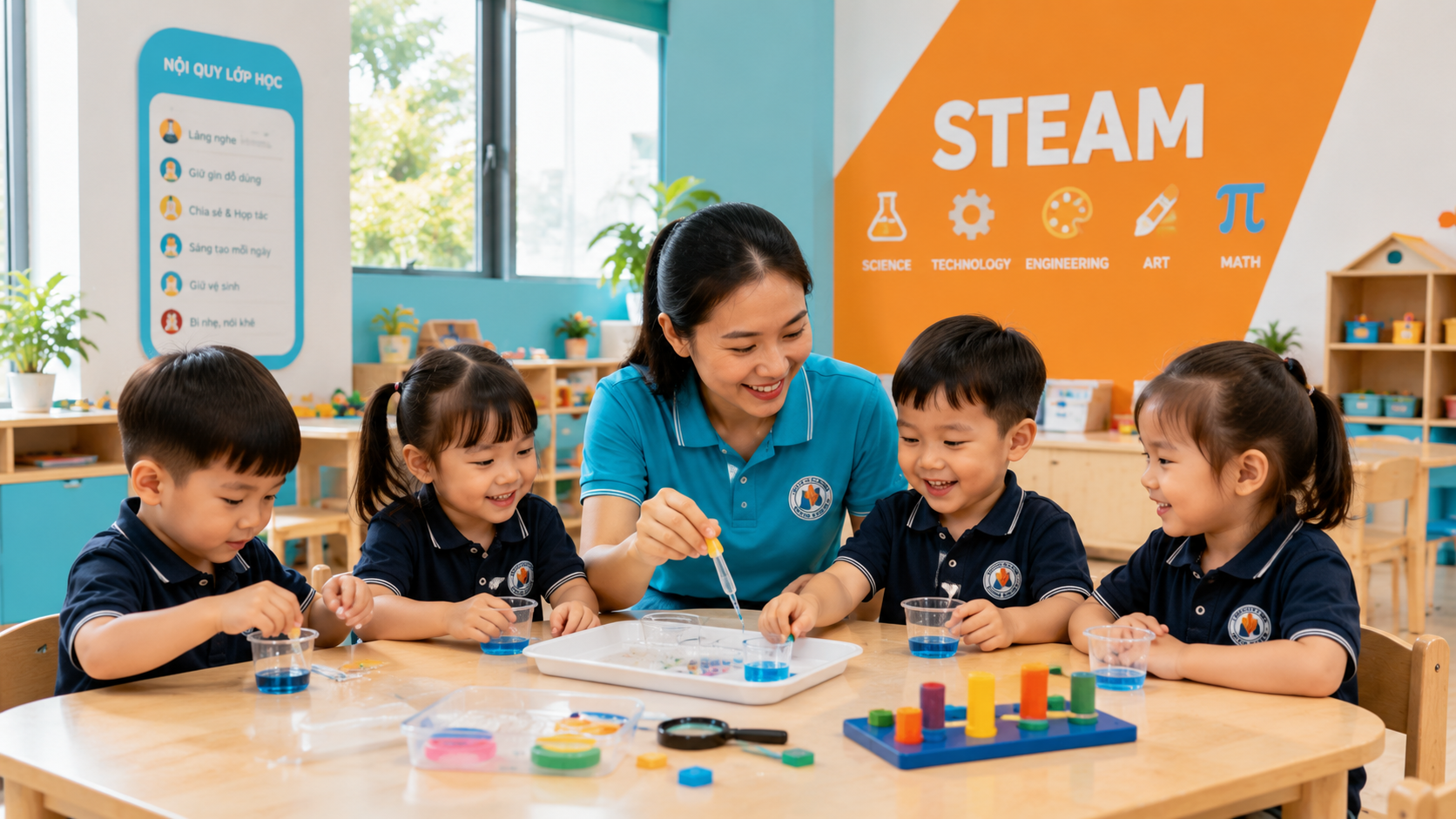 Giáo viên mầm non hướng dẫn nhóm trẻ làm hoạt động STEAM trong lớp học hiện đại