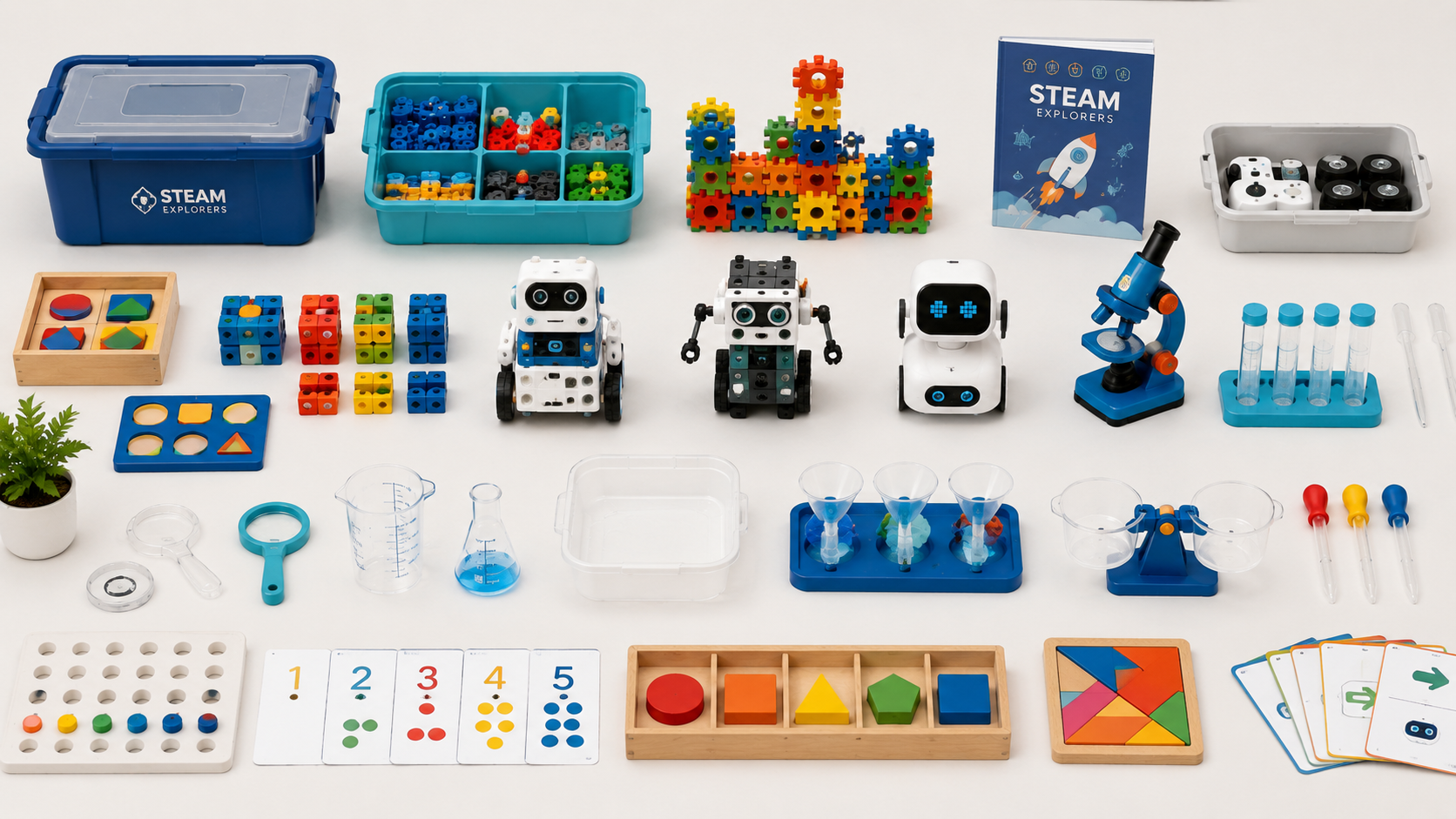 Bộ thiết bị STEAM mầm non gồm bộ lắp ráp, robot đồ chơi, dụng cụ thí nghiệm và đồ học toán an toàn theo độ tuổi