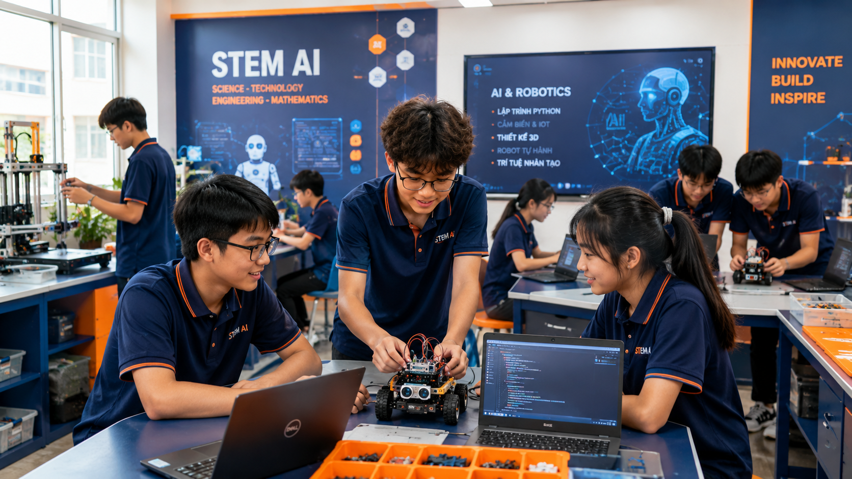 Phòng STEM AI THCS với học sinh lớp 6-9 lập trình và làm dự án robot AI