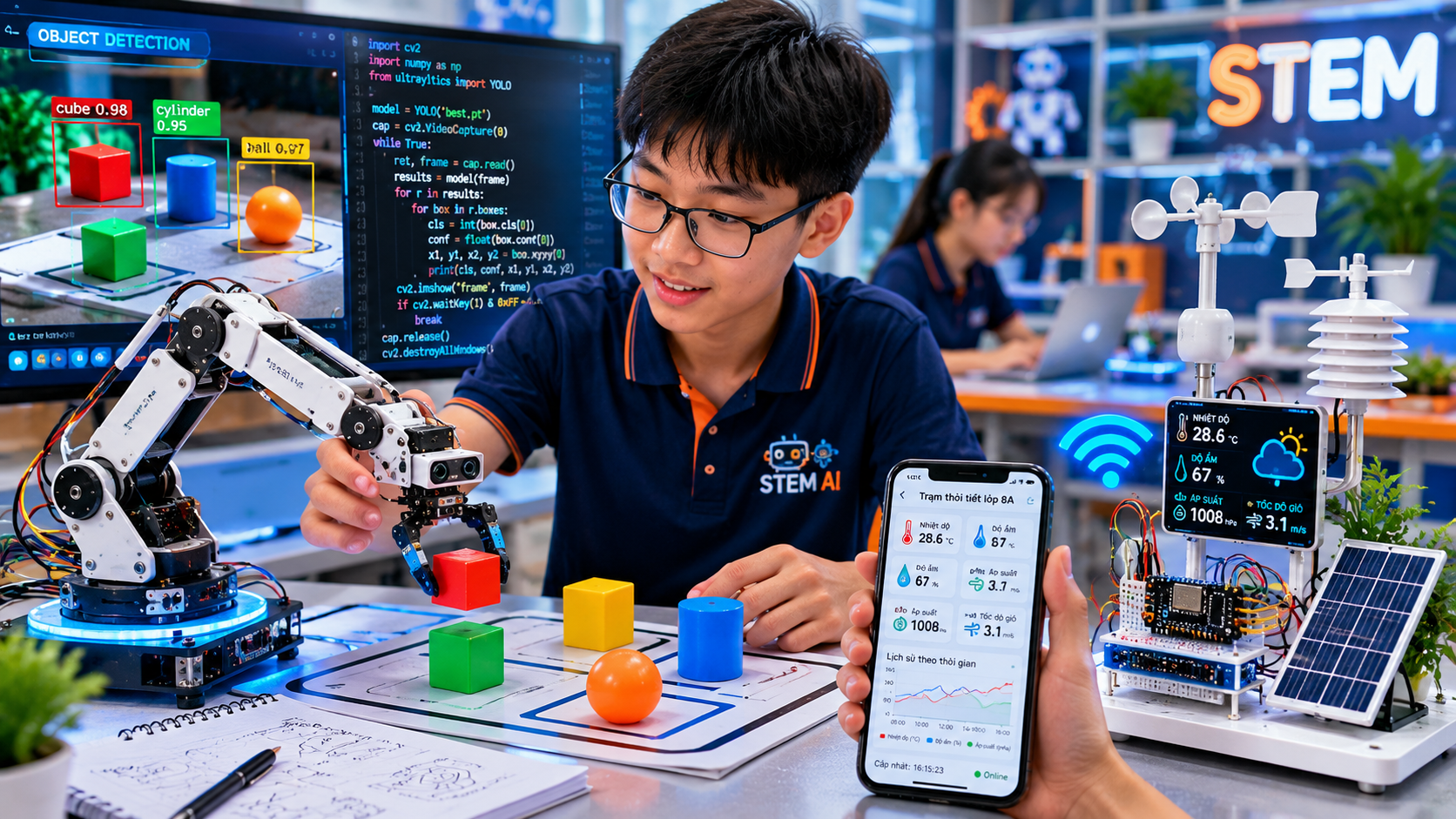 Học sinh THCS làm dự án robot nhận diện vật thể và trạm đo thời tiết tích hợp AI và IoT