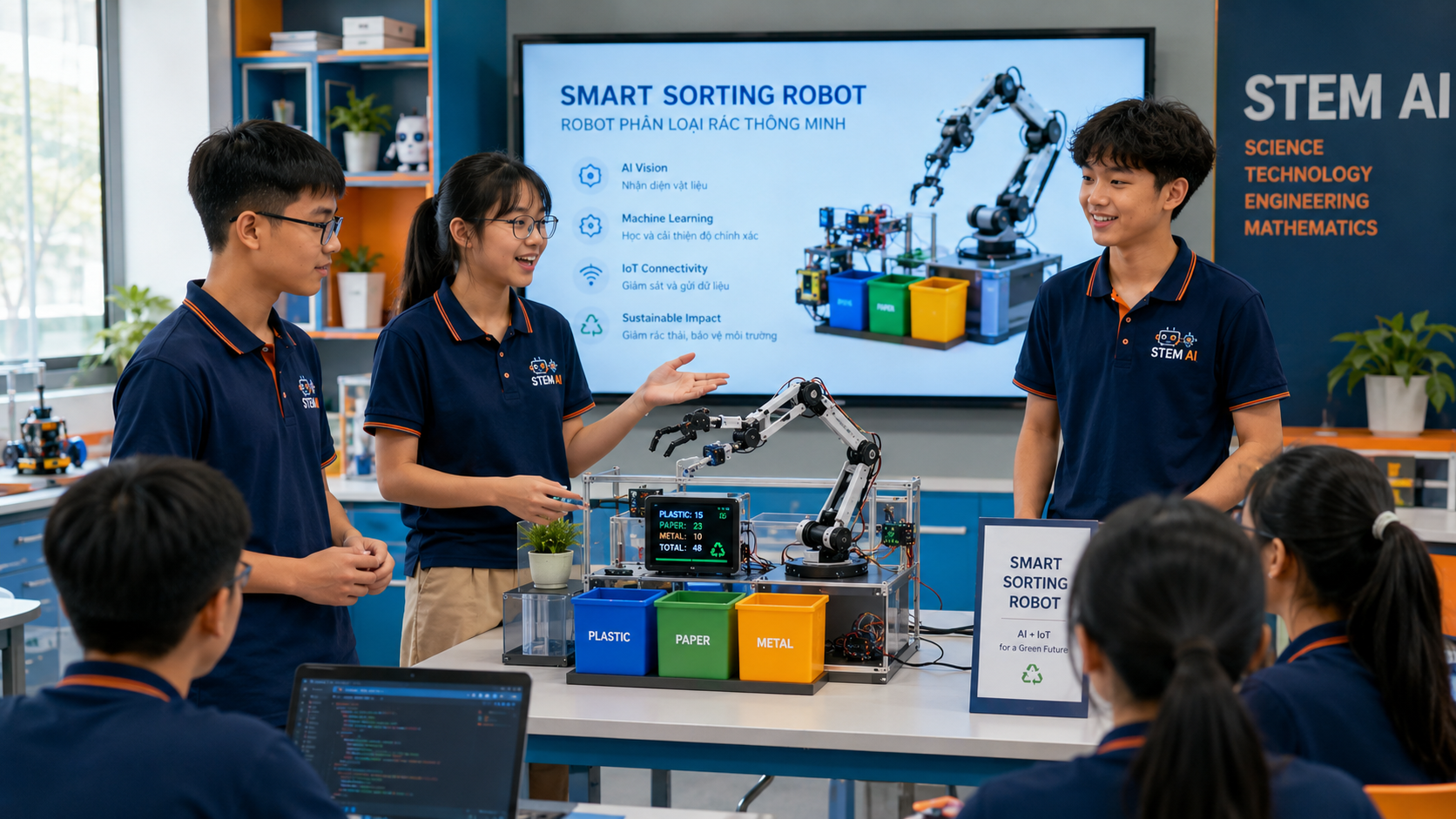 Học sinh THCS trưng bày sản phẩm dự án robot AI trong phòng STEM AI hiện đại