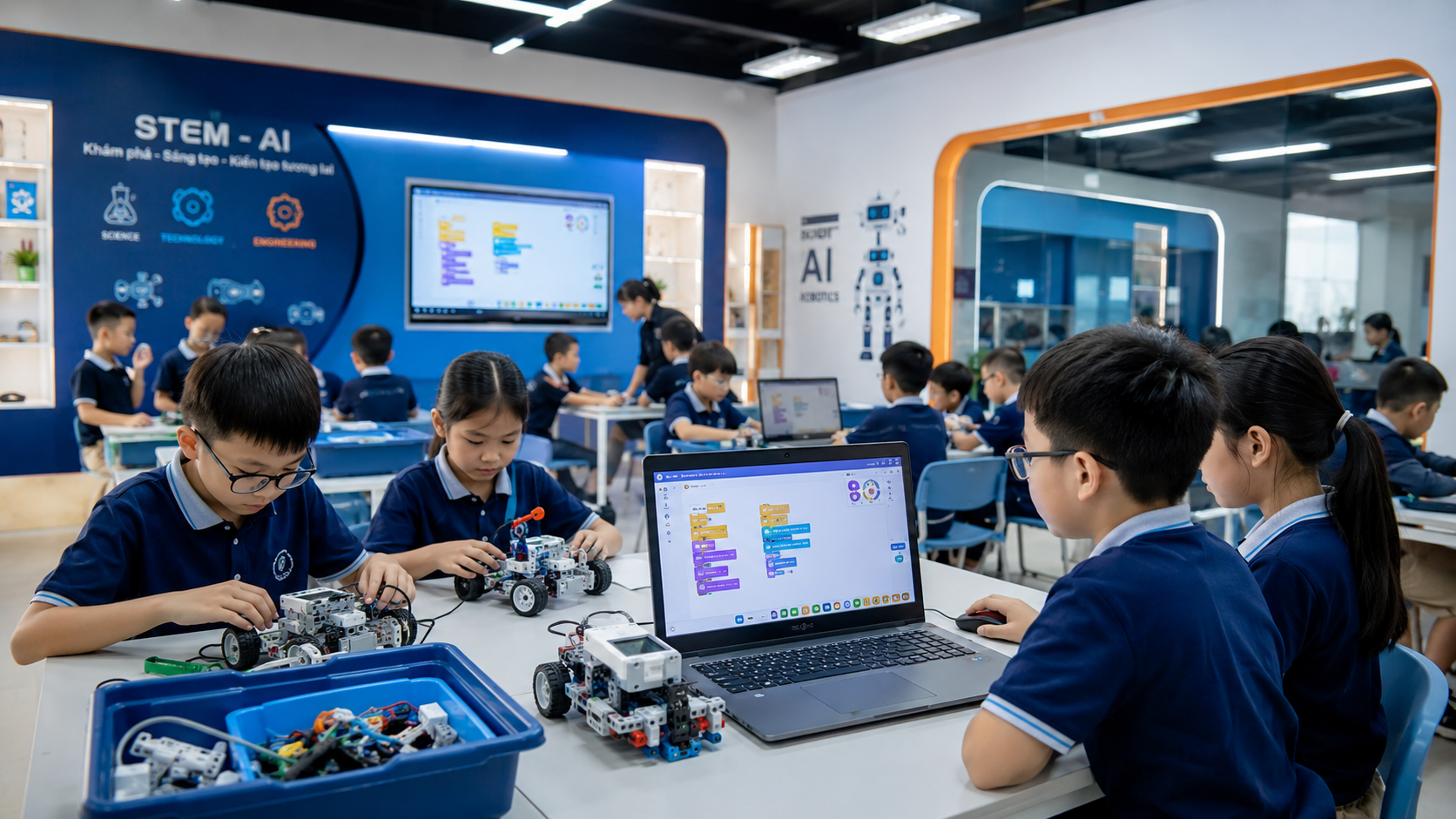 Phòng STEM AI tiểu học với học sinh lớp 1-5 đang lắp ráp và lập trình robot