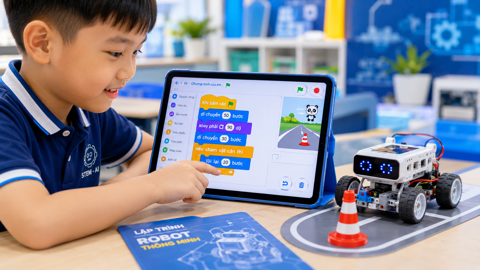 Học sinh tiểu học lập trình kéo-thả khối lệnh tiếng Việt và điều khiển robot né vật cản