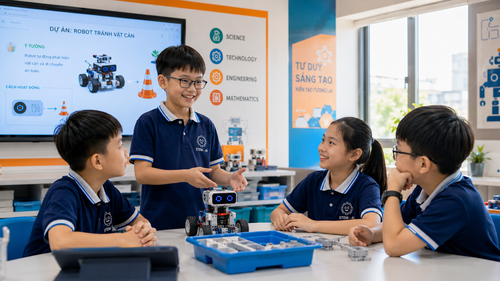 Nhóm học sinh tiểu học làm việc nhóm và thuyết trình dự án robot trong phòng STEM AI hiện đại